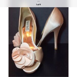 Badgley Mischka Thora Nude Peach Satin Evening High Heel Open Toe Pumps